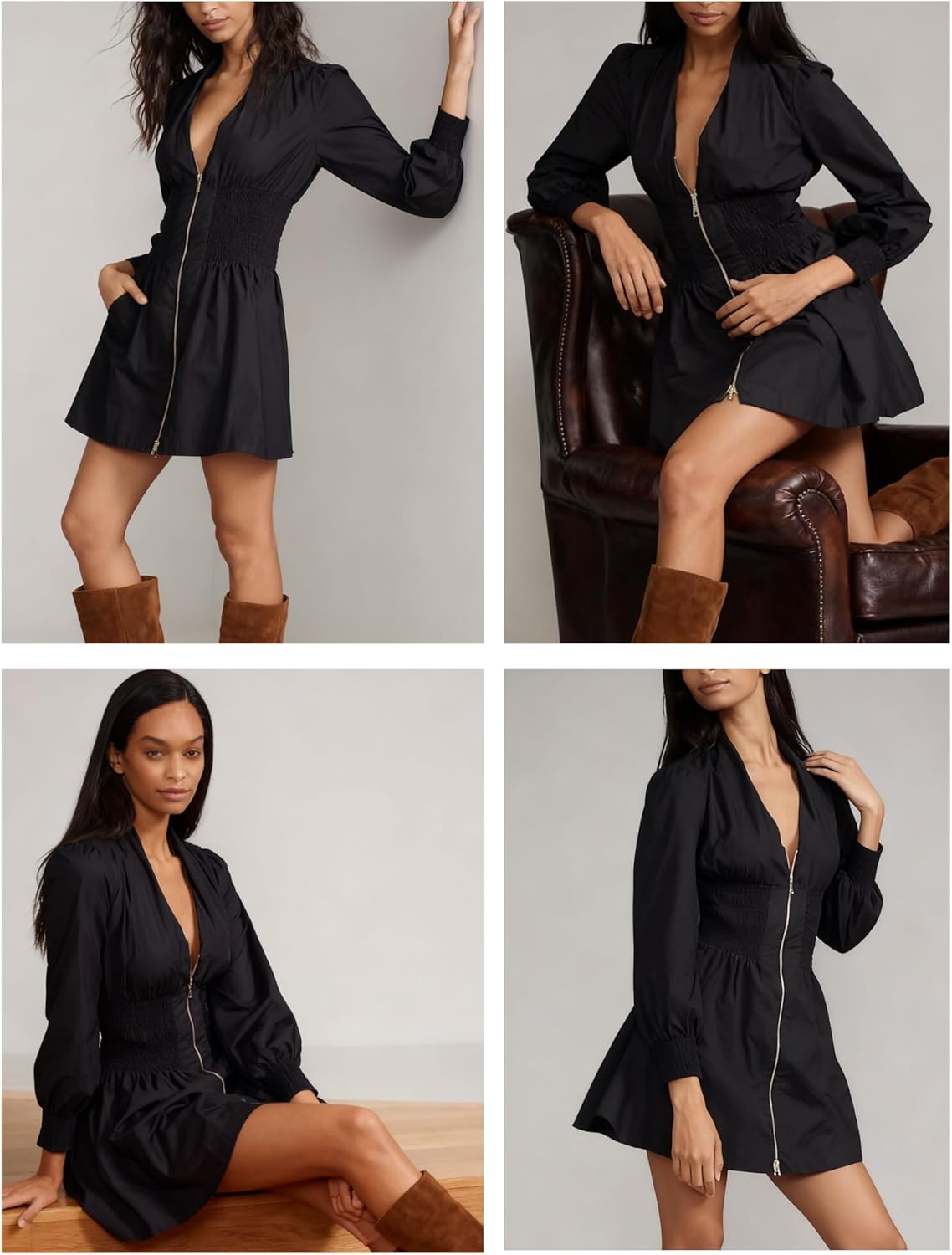 Womens Long Sleeve Mini Dress V Neck Smocked Zipper Dress Casual A Line Short Dress with Pockets - Image 5