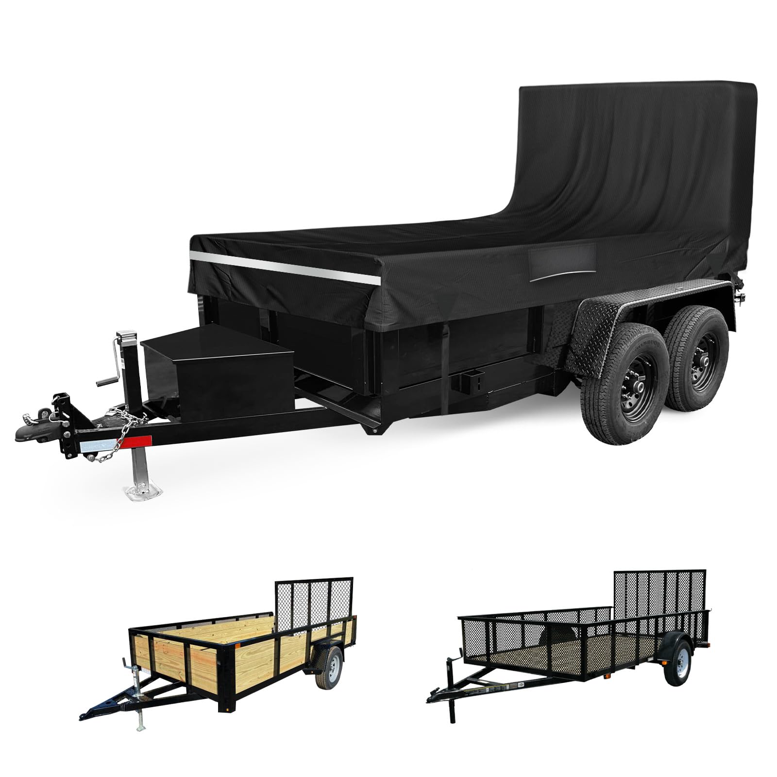 (Incomplete) 6x12 Utility Trailer Cover with Rear Landscape/Ramp Gate 48' to 60' high, 600D Waterproof Windproof Heavy Duty Black Dump Trailer Cover