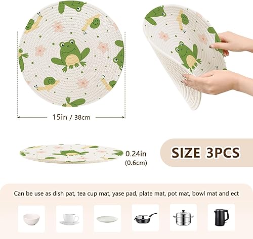 Miniatura 2 de 3 Pcs Trivet Mat Set Seamless Pattern Frogs Pink Flowers Snail for Hot Dishes 15in Cotton Thread Weave Heat Resistant Pad for Bowl Kitchen Gadgets