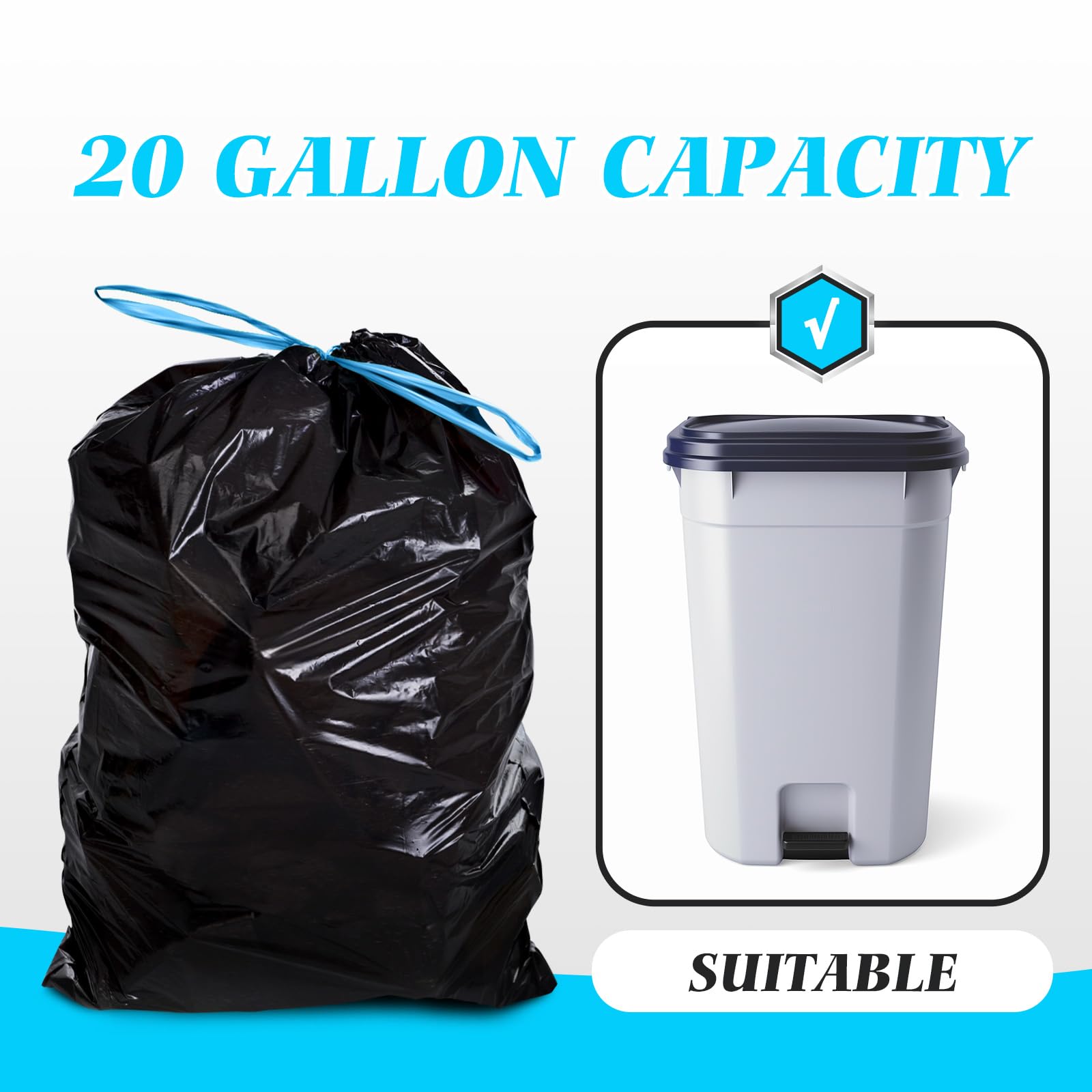 Teivio Bolsas de basura grandes con cordón de 20 galones, 60 unidades (para 18-20 galones), bolsas de basura grandes con cordón, bolsas de basura fuertes y altas para cocina, para el hogar, oficina