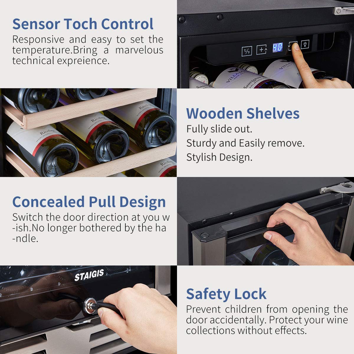 STAIGIS 15 Inch Wine Refrigerator, Under Counter Wine Cooler w/Stainless Steel Frame Glass Door