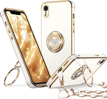 XYZ for iPhone XR Case with Stand, XR Phone Case with Double Ring Kickstand, Women Girls Bling Luxury Protective Case Heart for iPhone XR6.1 inch, White