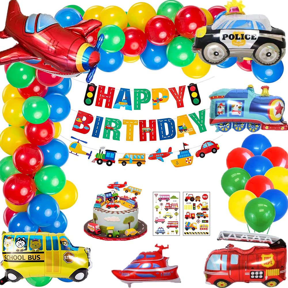 Birthday Party Decorations for Boys, Birthday Decorations Supplies Happy Birthday Banner with Transportation Vehicle Traffic Theme Red Green Blue Balloon Garland Cake Topper for Kids Birthday Party