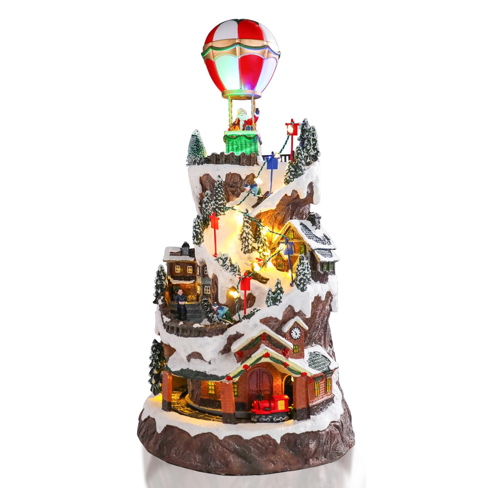 Ovewios Large Christmas Village Set, 20" Pre-lit Musical Christmas Snow Mountain Village with Rotating Air Balloon and Train for Christmas Party Home Tabletop Indoor Decorations