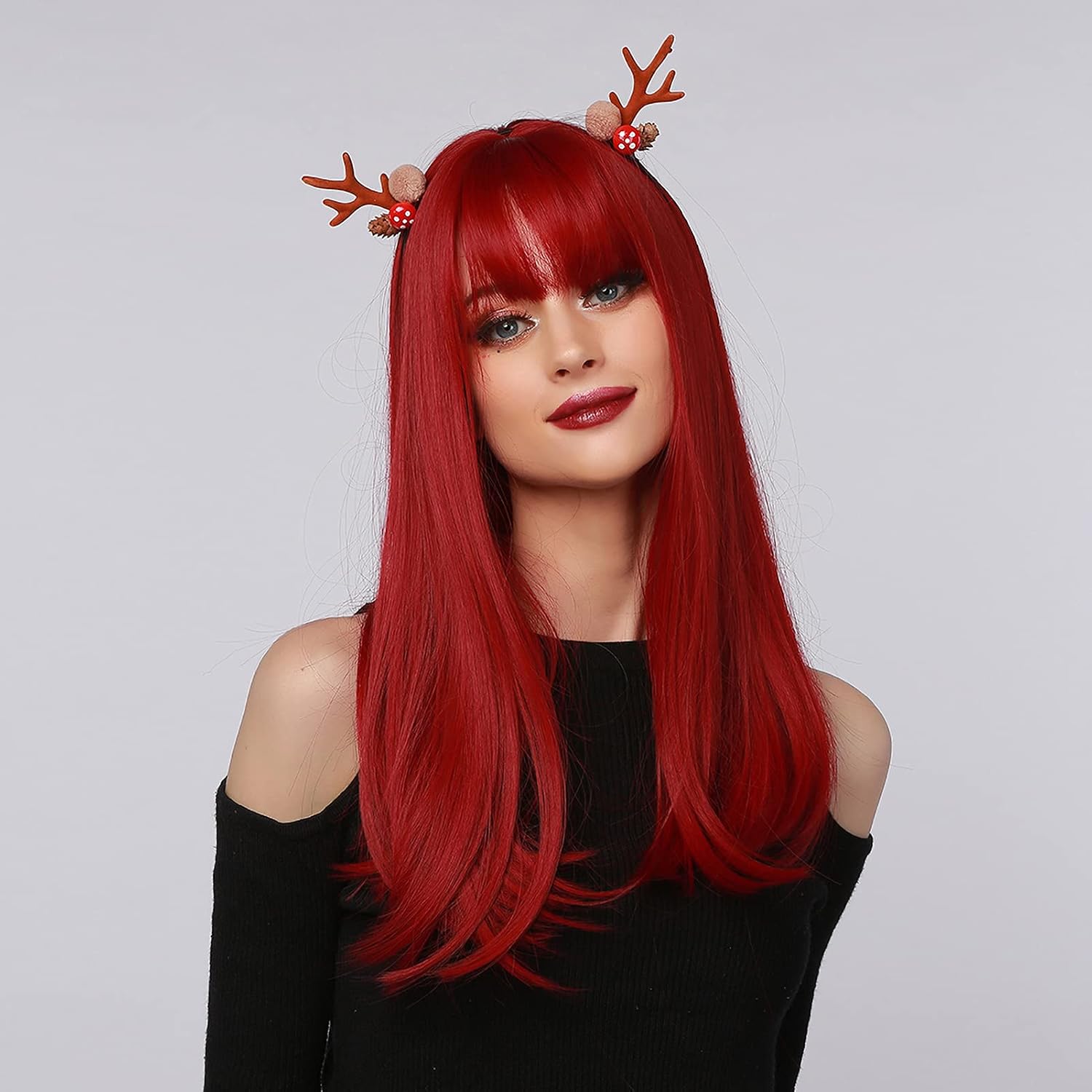 Long Red Human Hair Wig with Bangs Straight Synthetic Natural Hair Wigs for Black White Women Heat Resistant Natural Hairline Hair Fiber Wigs 22 Inch