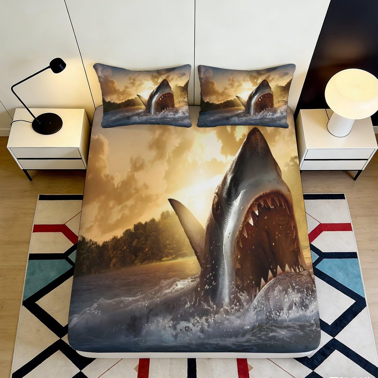3D Printed Shark Ocean Fitted Sheet Microfiber Non Slip Sunset Lake Mattress Cover for Bedroom Dorm Easy Care 90x200x25cm