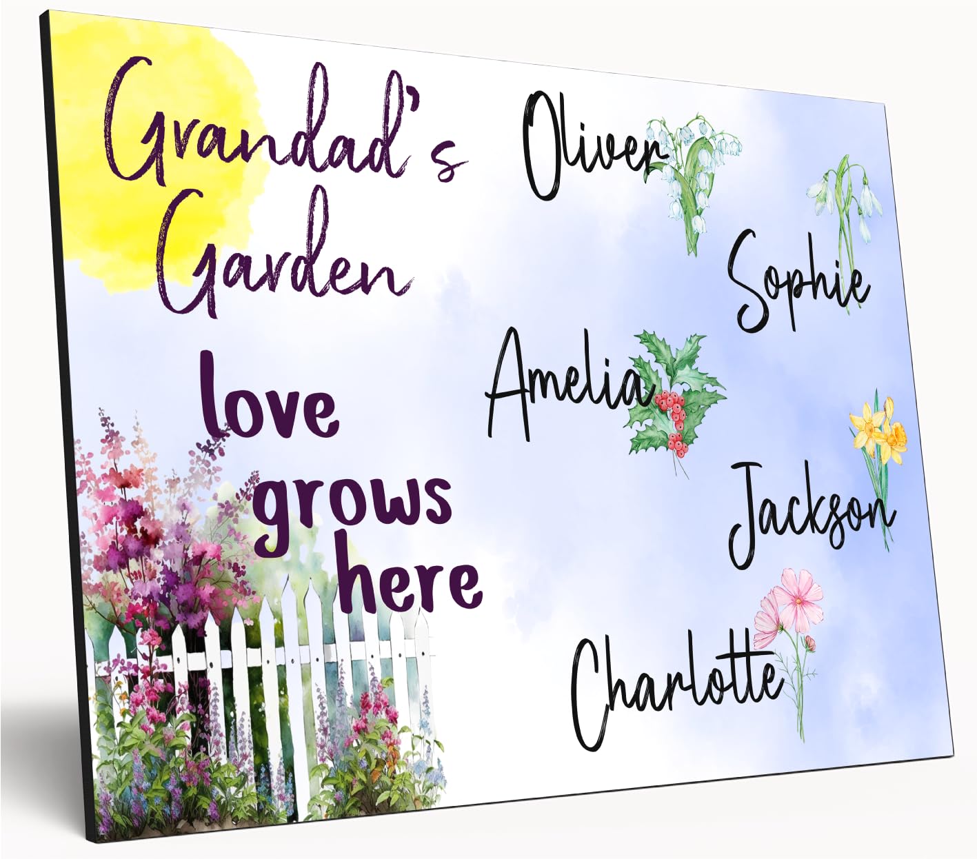 The Plum Penguin Multicolour Personalised Birth Month Flower Sign Grandma's Garden Custom A4 Wooden Wall Art Rustic Garden Design Watercolour Custom Plaque For Mums
