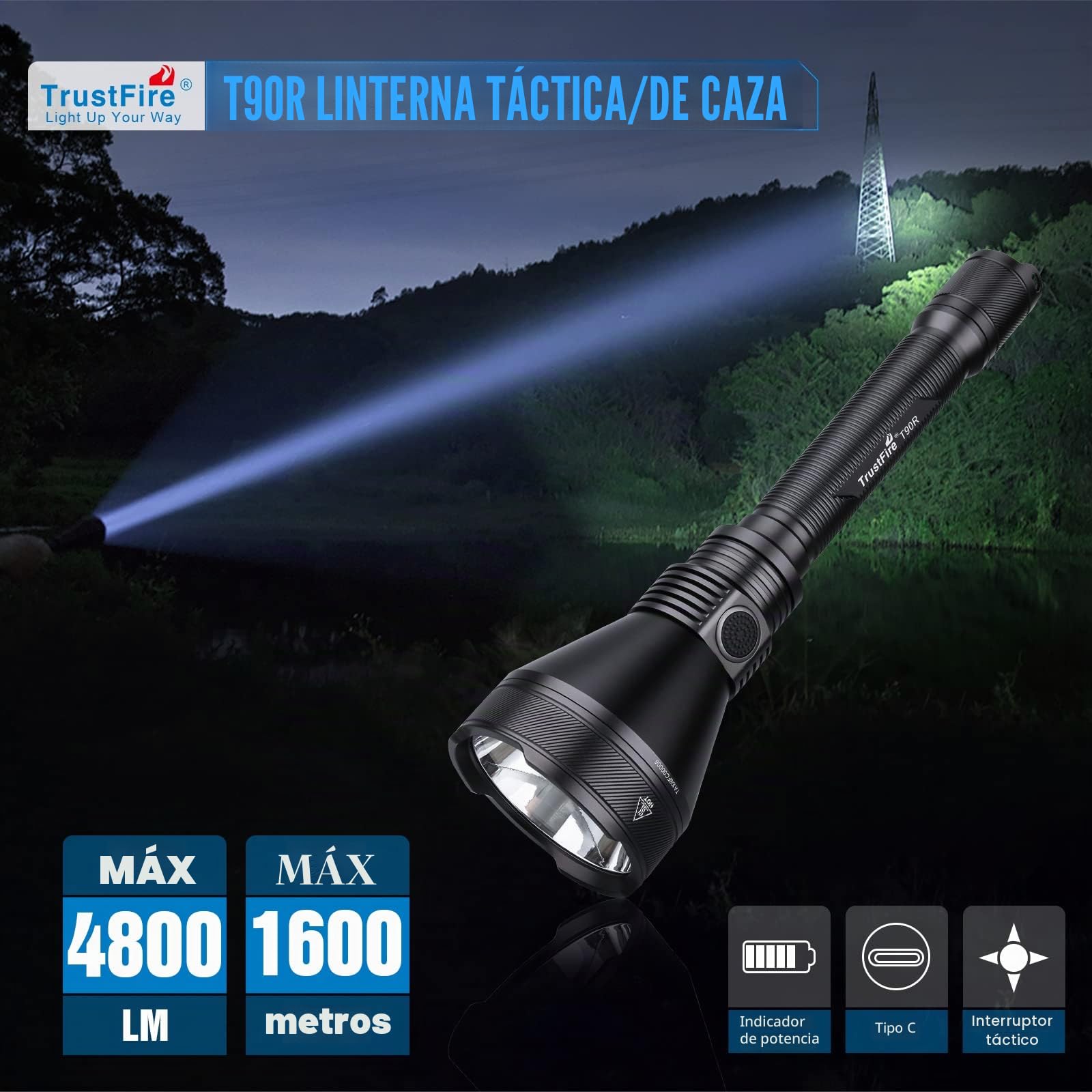 TrustFire T90R Kit de linterna de caza LED de alta potencia 4800 lúmenes, linterna táctica recargable de largo alcance 1600 metros Super brillante impermeable para búsqueda y rescate de caza
