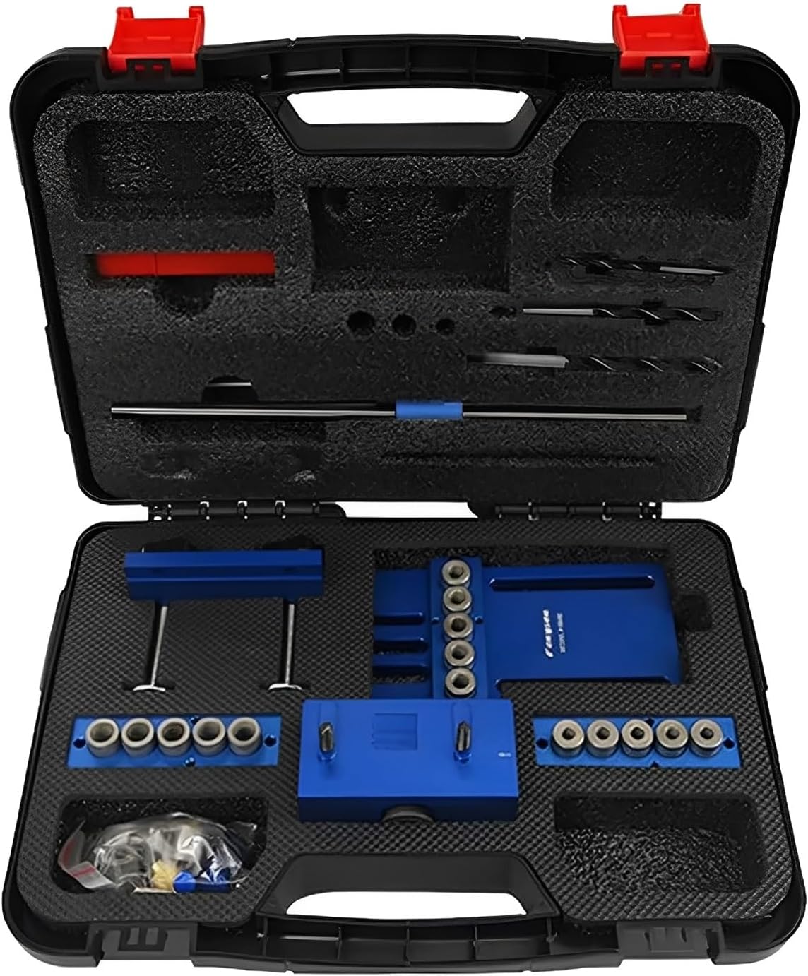 SINOCMP Doweling Jig Kit with 5 Dowel Drilling Sleeves (6/8/10mm) Adjustable Precision Woodworking Aluminum Alloy Dowel Jig Plastic Tool Box(Blue)