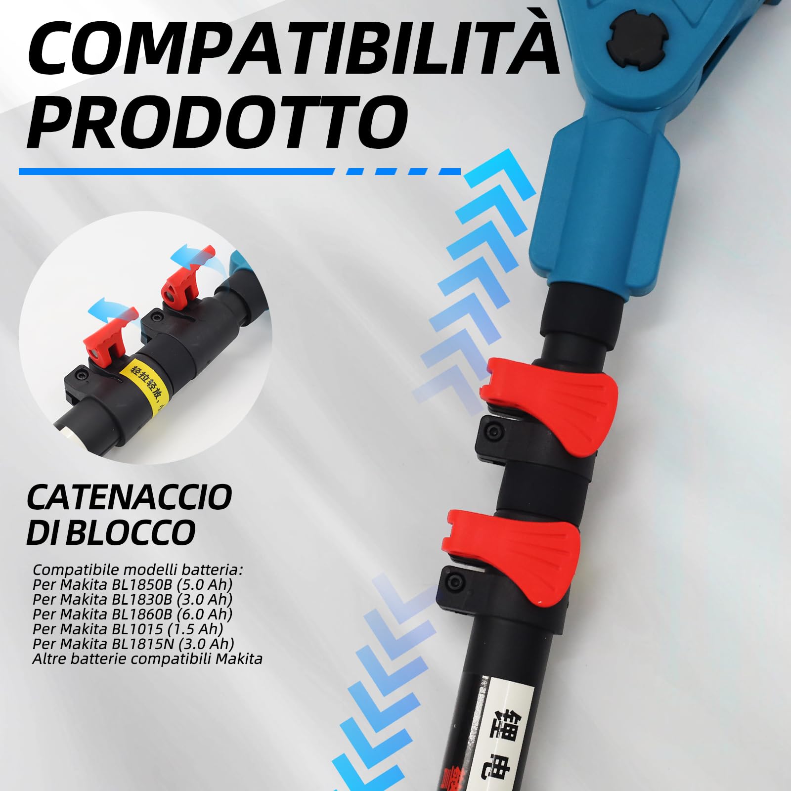 Asta telescopica per cesoie elettriche e seghe a batteria – 1,2–2,5 m estensibile, testa regolabile a 90°, altezza di lavoro fino a 4,6 m, compatibile con Makita 18V