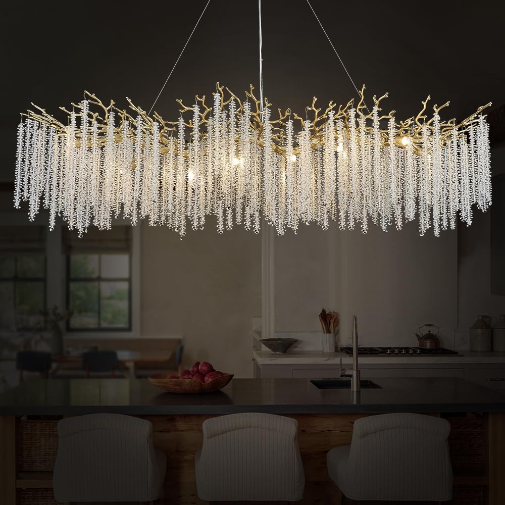 HOOMEDELIER Gold Crystal Chandelier,8 Lights Modern Flush Mount Ceiling Light Rectangle K9 Crystal Raindrop Pendant Lighting Fixture - L40