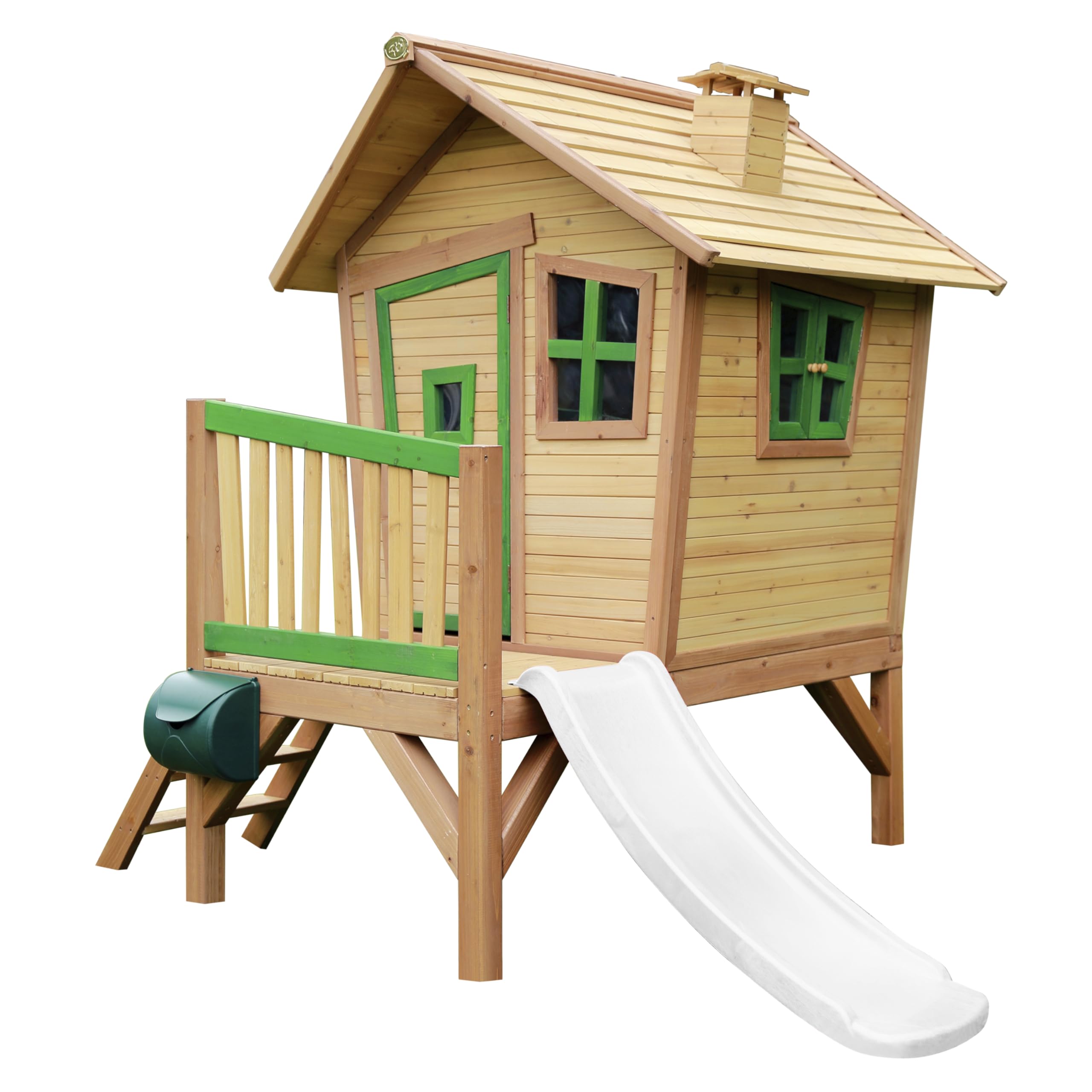 AXI Spielhaus Robin mit weißer Rutsche | Stelzenhaus in Braun & Grün aus FSC Holz für Kinder | Spielturm für den Garten