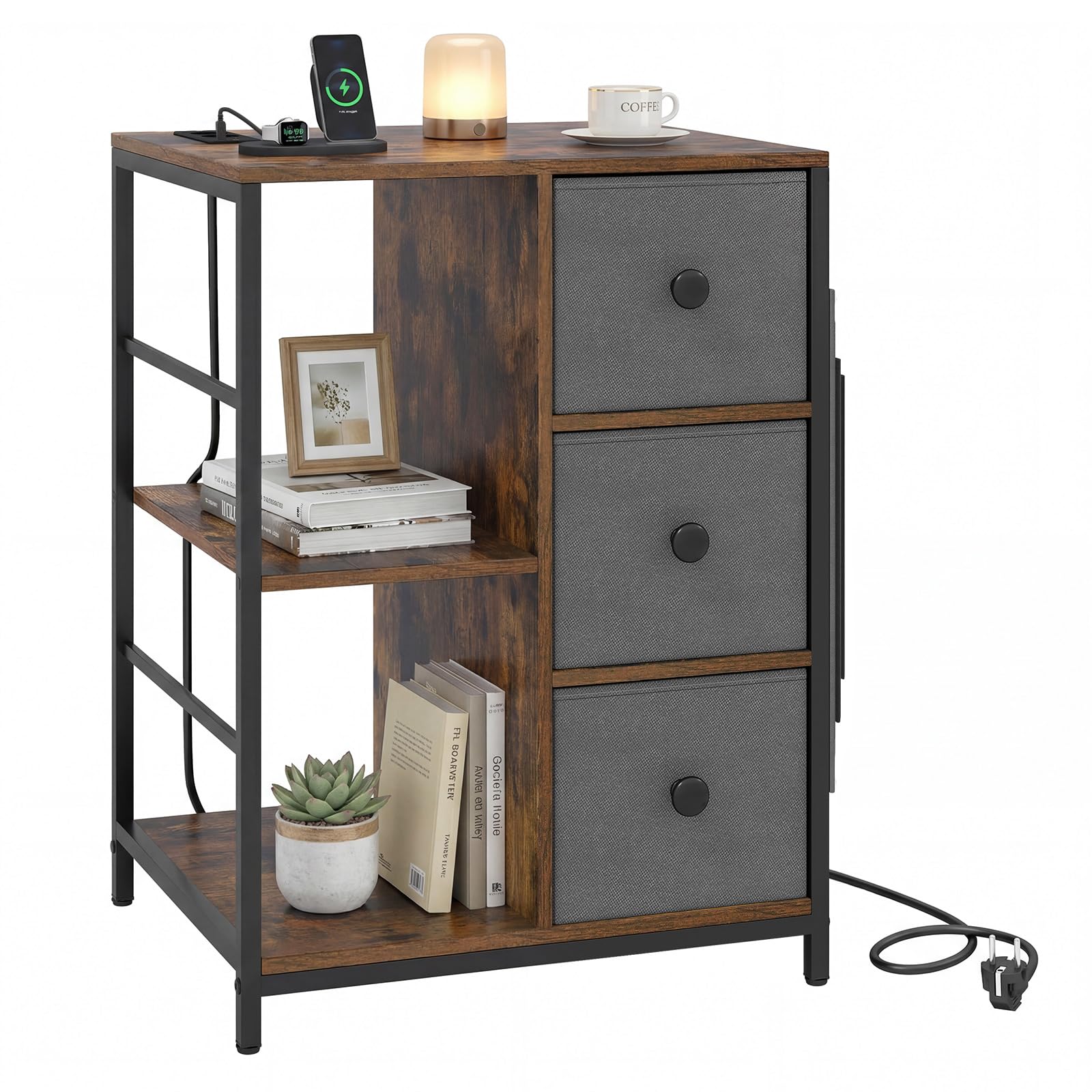 COSTWAY Armoire de Rangement avec Station de Charge, Commode pour Chambre à 3 Niveaux avec Étagère, Tiroirs en Tissu et Poches Latérales, Style Industriel, pour Chambre, Salon, Marron Rustique