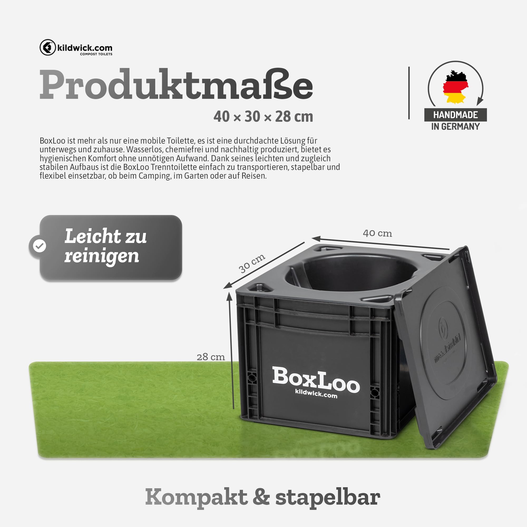 Kildwick BoxLoo – Campingtoilette, kompakt, mobil, chemiefrei, Trenntoilette im Eurobox-Format (40×30×29 cm) für Camping, Van, Outdoor, Garten oder Boot, autark inkl. Spillguard® Auslaufschutz