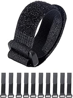 Hook and Loop Cable Straps, Black Self-Adhesive Nylon Cable Ties Securing with Buckles,Adjustable Reusable Cinch Heavy Duty Fastening Straps Short, 1" x 8" Pack of 10 (25x200mm)