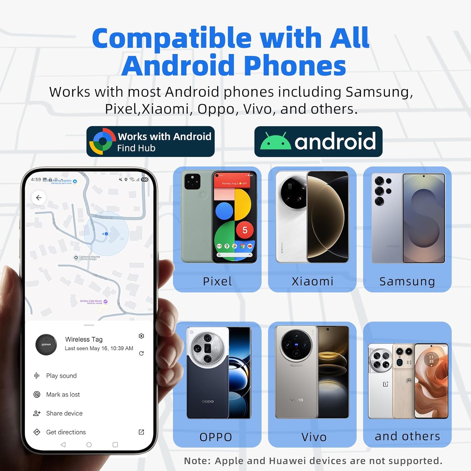Image showing various Android phones (Pixel, Xiaomi, Samsung, OPPO, Vivo) compatible with the Find Hub app and CHZHVAN S10 tracker.