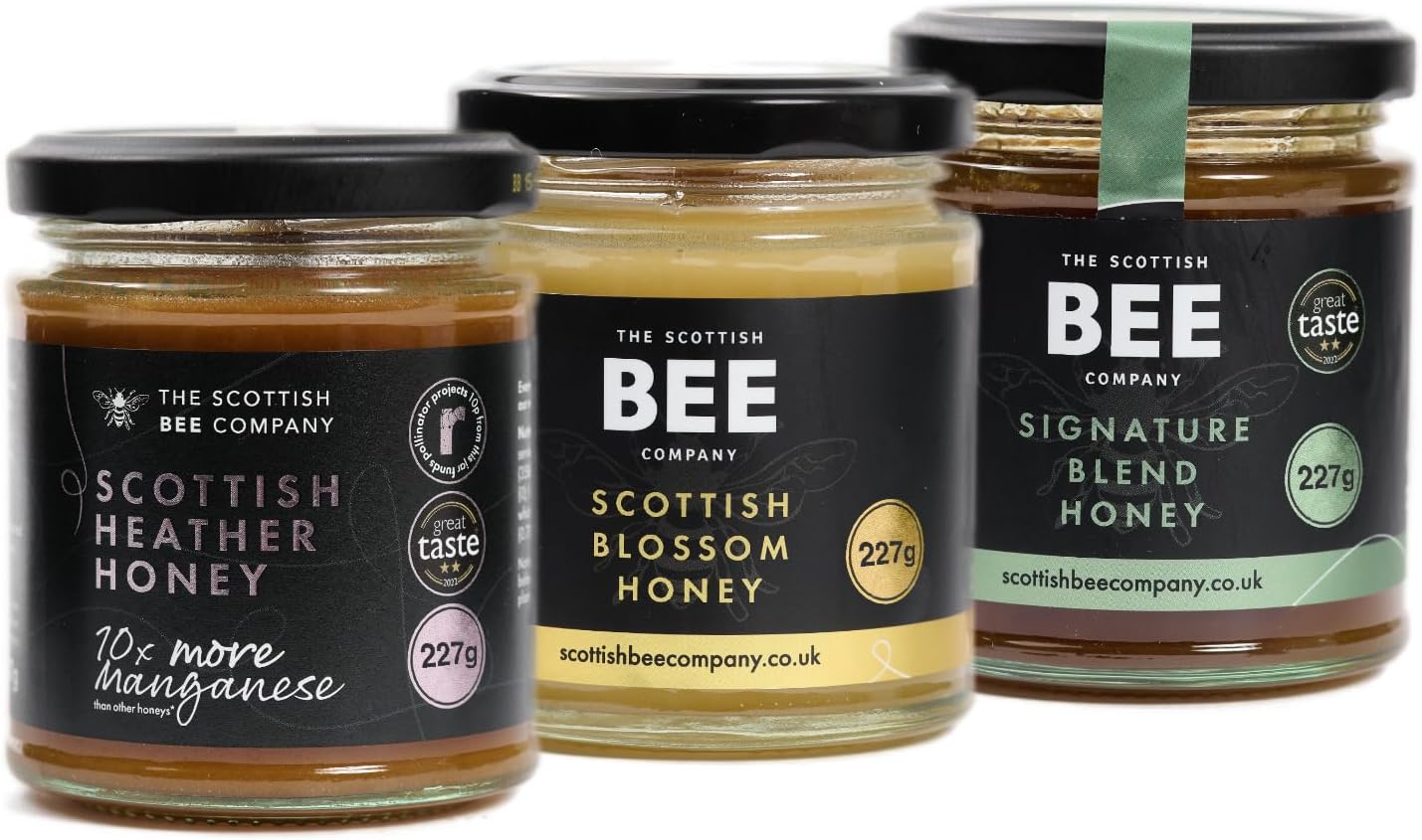Trio of Honey from The Scottish Bee Company 227g x 3 - Heather, Blossom and Signature Honey - Pure, Natural, Soft Set Honey Made in the UK