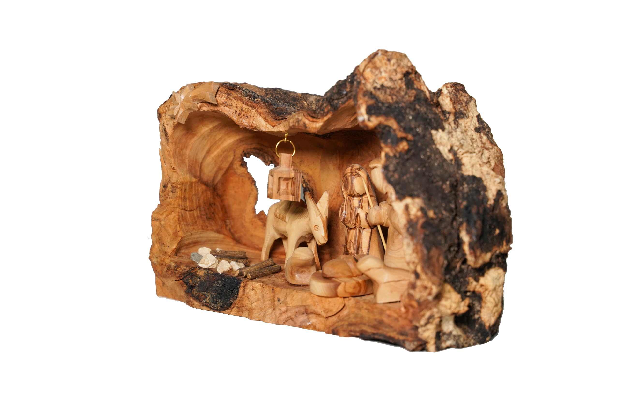 Nativity Scene in Manger Carved Inside of a Solid Piece of Olive Wood Branch - Christmas Tree Nativity Décor - Made in The Holy Land