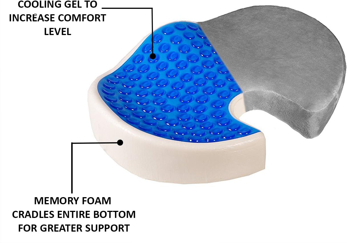 Centrus Best Orthopedic 100% Memory Foam Tailbone Seat Cushion Pillow with cooling Gel. Tailbone Seat Cushion for coccyx pain and posture support and lower back pain relief.