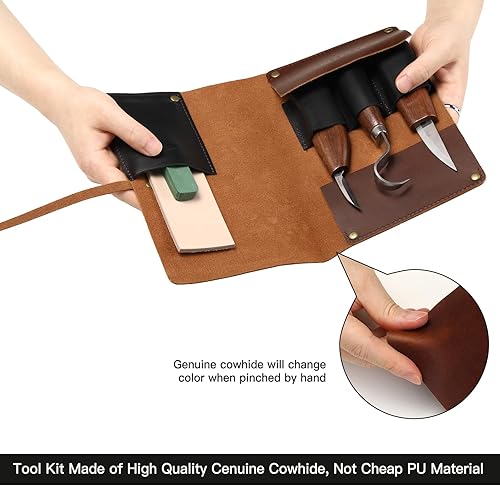 Miniatura 4 de Kit de tallado de madera de lujo con estuche de cuero de vaca, juego de herramientas de tallado de madera, kit de carpintería - Cuchillos de tallado