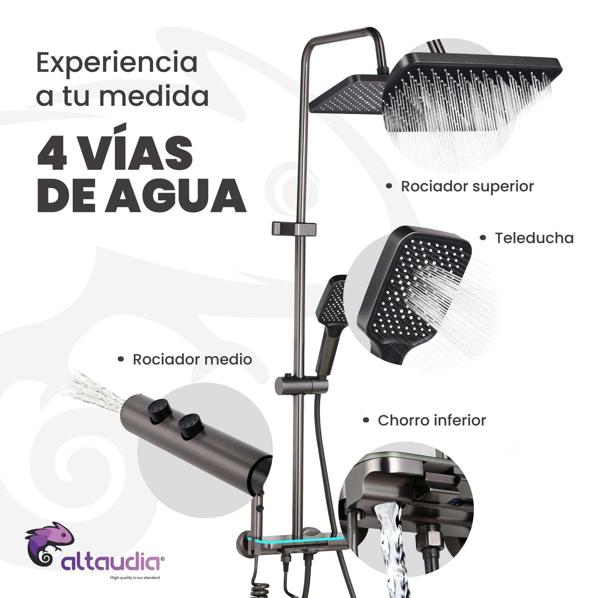 Altaudia Columna de Ducha Termostática con Pantalla LED - 4 Vías Agua (Lluvia 30×20cm, Teleducha, Spray 3 Modos, Chorro) Material Inox/ABS, Izq. Caliente/Der. Fría, Altura Regulable (Negro) — view 3