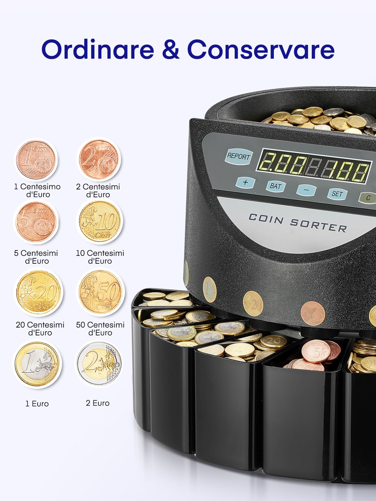 Macchina Contamonete Euro, Separatore Monete 300 Pezzi/Minuto, Capacità 800 Monete, Display LED 7 Cifre e Pannello di Controllo, 8 Cassetti di Raccolta, per Negozi, Scuole, Banche e Tabaccherie