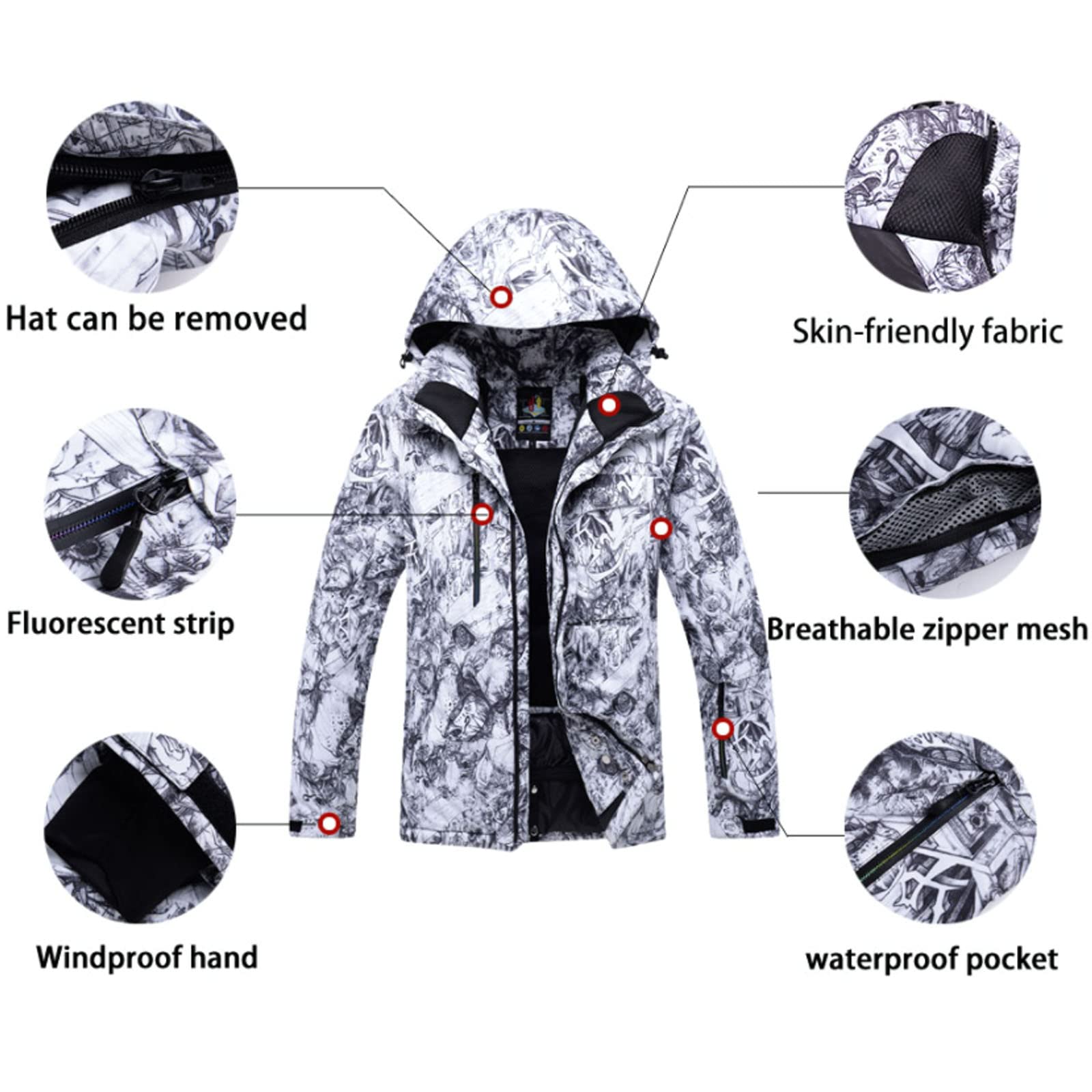 Tuta da Sci da Uomo con Motivo a Nastro Cappotto con Jeans Giacche e Pantaloni da Snowboard Abbigliamento Impermeabile da Esterno Tuta da Neve
