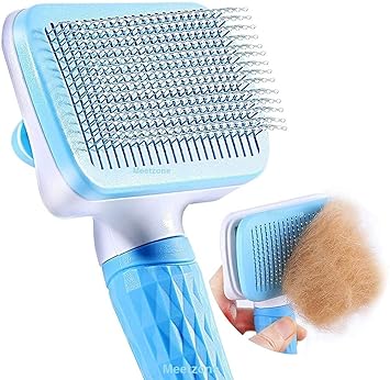 Meetzone Pet Neat Self Cleaning Slicker Brush Effectively Reduces with Long Handle Shedding Hair Dog Cats Grooming Fur Cleaning Tool (1pcs/Multicolour)