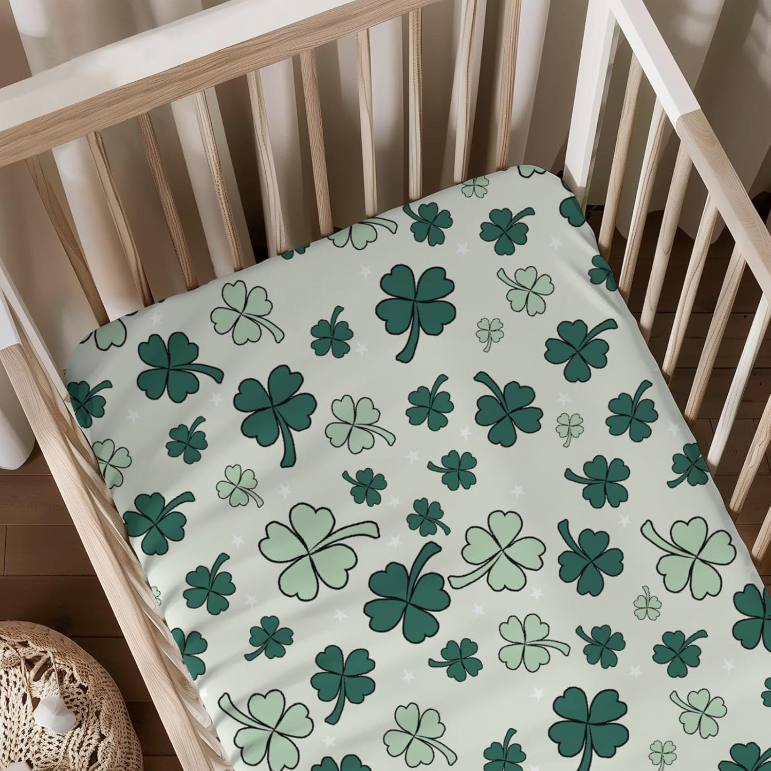 Spring St Patricks Leaves Irish Festival Pattern Baby Sheets for Crib, Unisex Nursery Fitted Bed Sheet for Boys Girls Standard Crib and Toddler Mattress-28x52