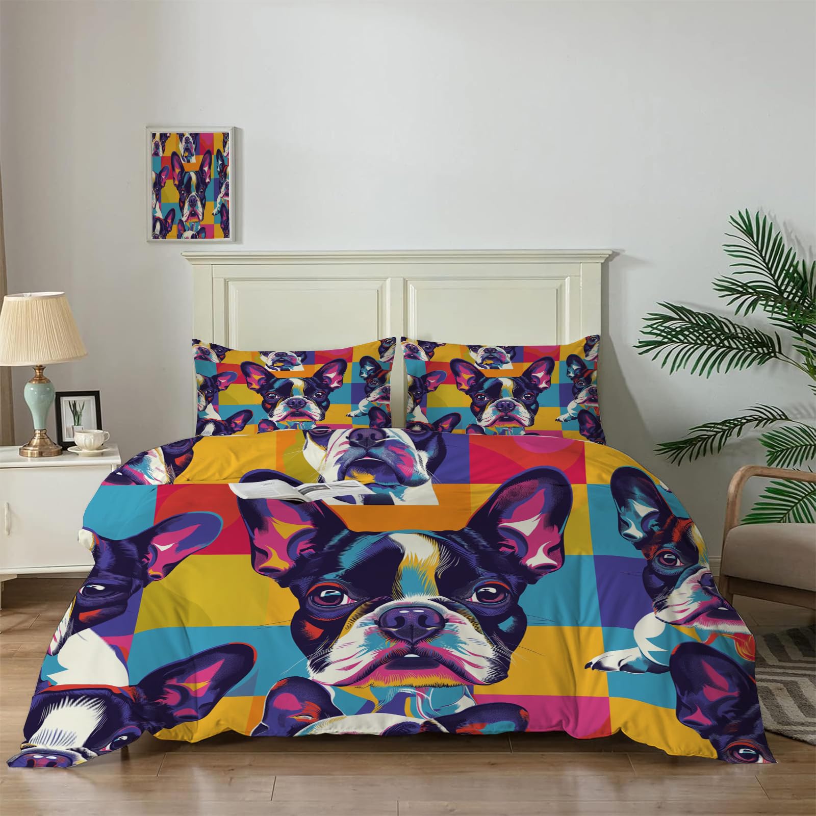 Parure de lit 240x260 chien dessin animé avec housse de couette fermeture éclair et 2 taies