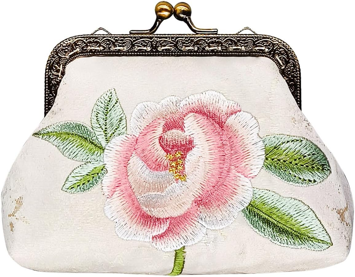 Embroidery Floral Buckle Coin Purse Kiss Lock Wallet(white-1)
