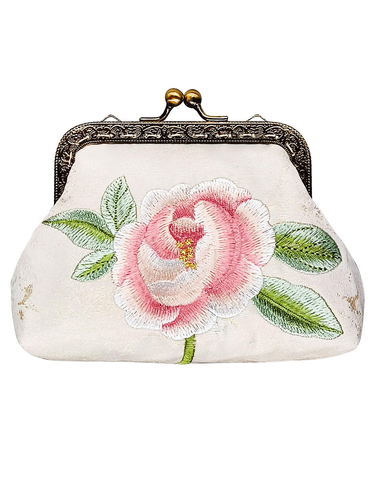 POPUCT Embroidery Floral Buckle Coin Purse Kiss Lock Wallet(white-1)