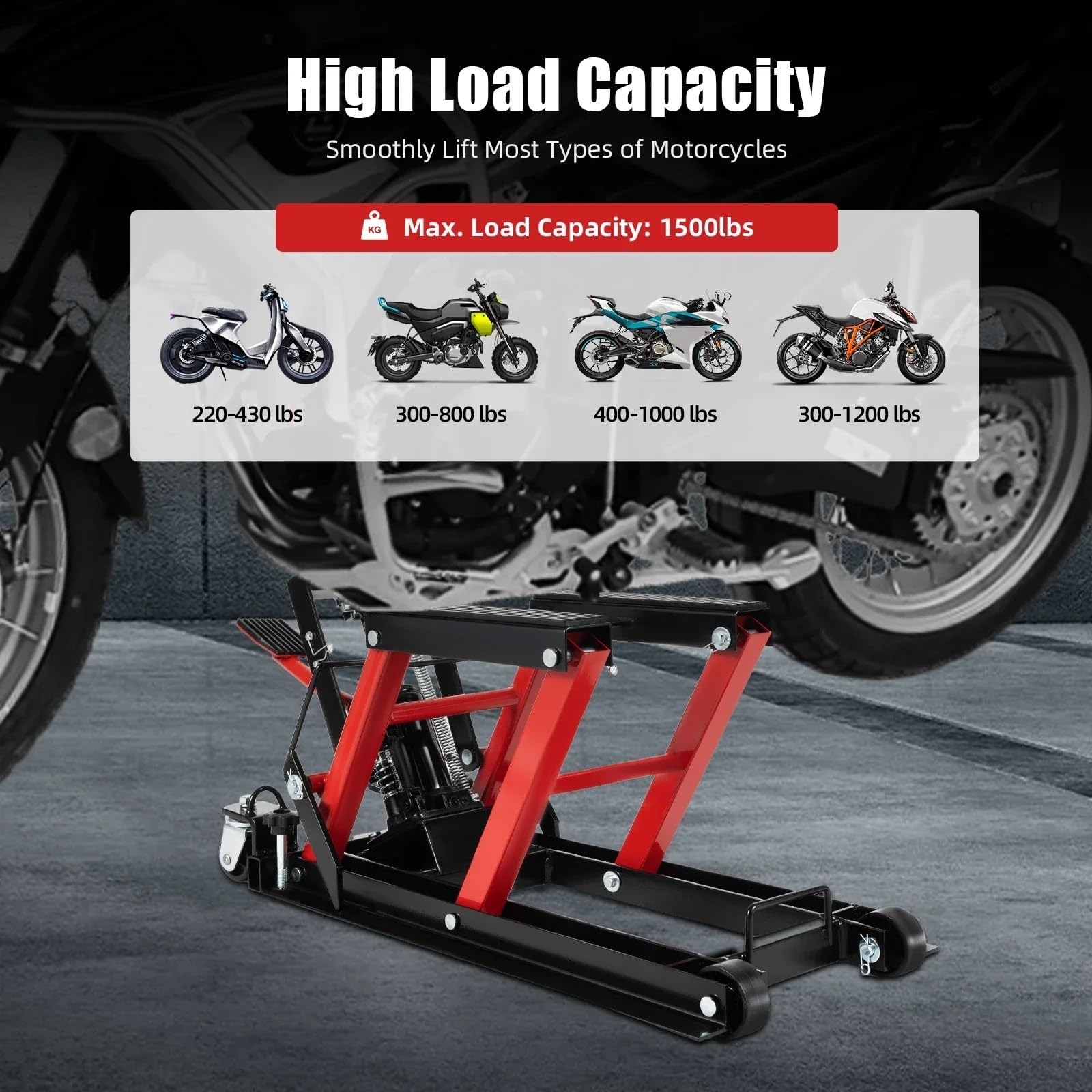 Podstawka pod motocykl hydrauliczny o udźwigu 680 kg, wytrzymała platforma podnosząca ze stojakiem montażowym do garażu, do konserwacji na zewnątrz, s,