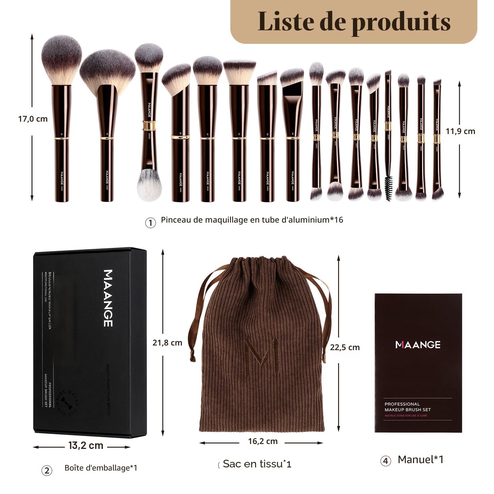 MAANGE Pinceaux Maquillages Professionnels 16 Pièces, Coffret Double Face pour Fond de Teint, Poudre, Contour et Fard à Joues, Set Complet avec Pochette et Boîte Cadeau (Marron Café)