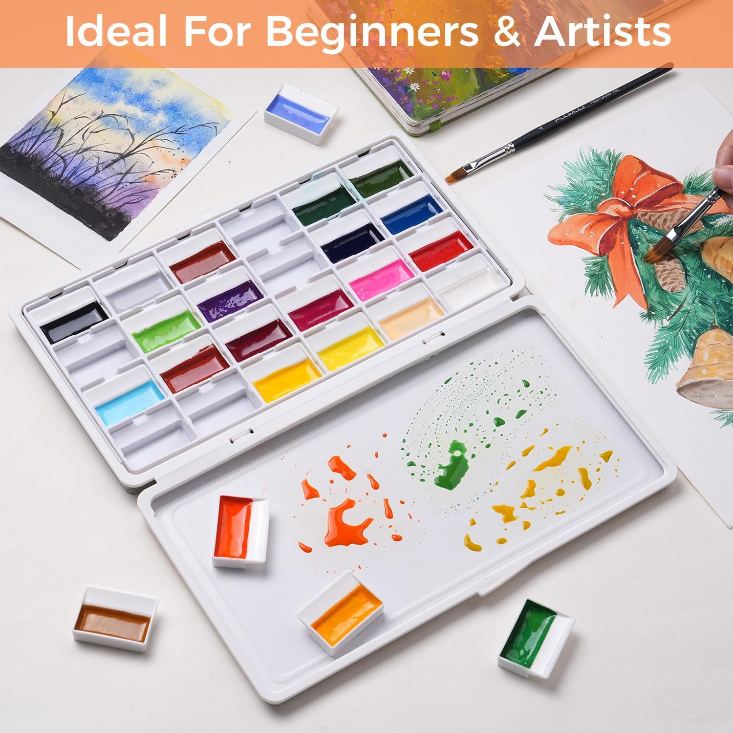 Fuumuui 24-Color Opaque Semi-Moist Watercolor Set – High-Saturation Bright Colors Art Supplies with Strong Coverage and Rich Pigments for Artists Beginner Painters Amateur Hobbyists Painting