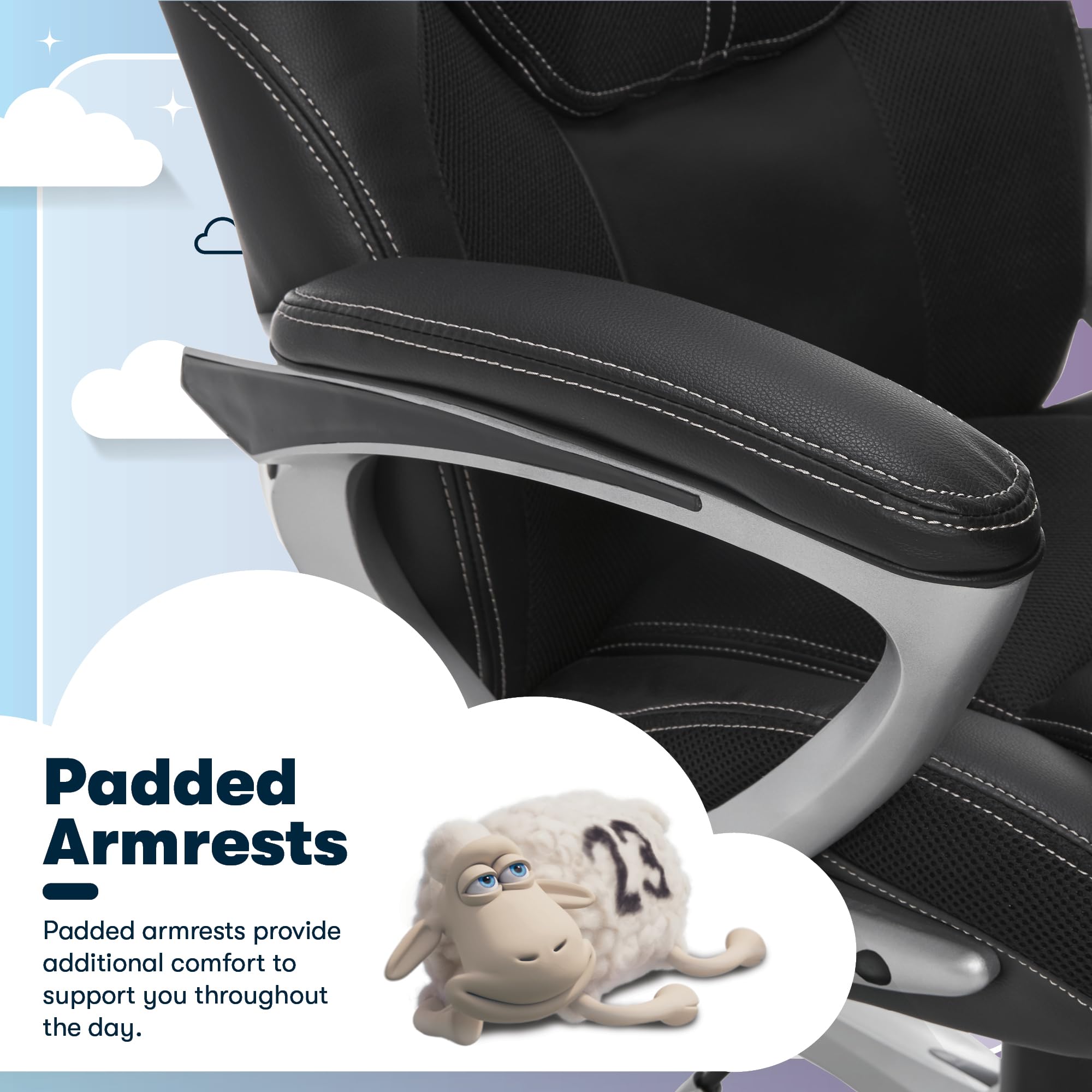 Serta Amplify Executive Office Padded Arms, Adjustable Ergonomic Gaming Desk Chair with Lumbar Support, Faux Leather and Mesh, Black