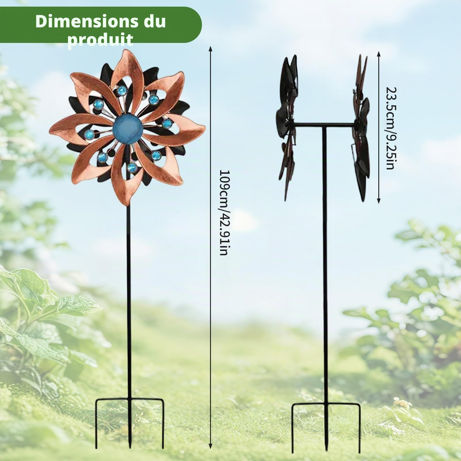 Carillon éolien de jardin - 145 cm - Couleur laiton - En métal - Moulin à vent cinétique 3D - Pour terrasse, pelouse et décoration de jardin