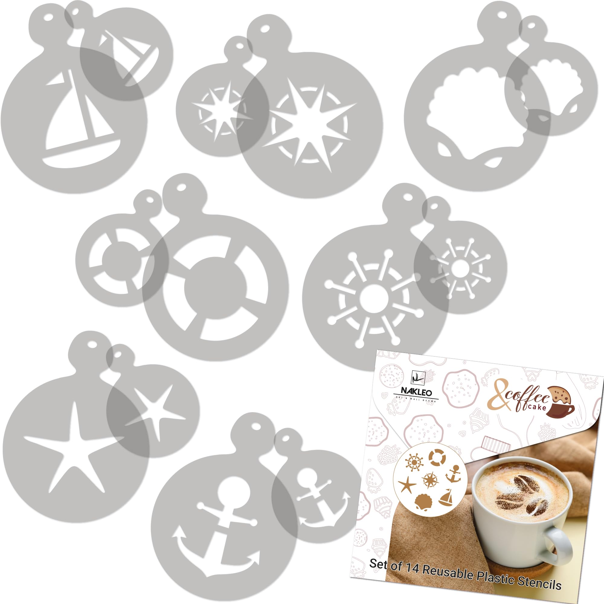 NAKLEO Coffee Stencils and Cookies Decoration 14Pcs 7x7 and 11x11cm, Reusable Plastic Baking Templates, Sea Ship Anchor