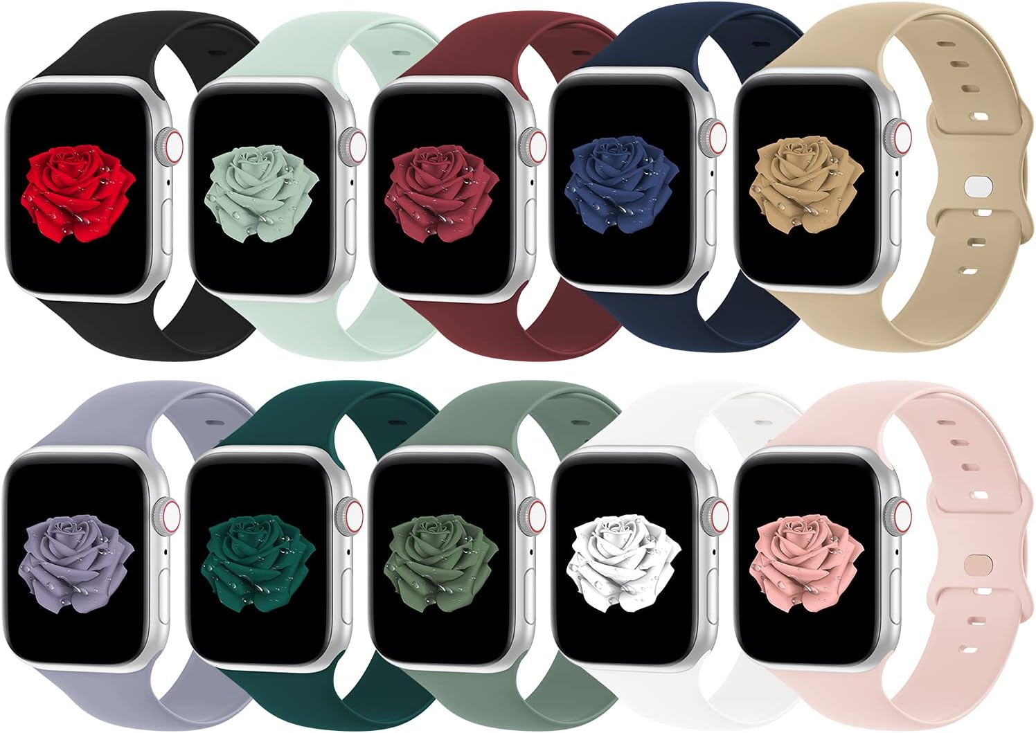 Bandiction 10-Pack Bands Compatible with Apple Watch Band 38mm 40mm 41mm 42mm 44mm 45mm for Men Women, Soft Silicone Sport Replacement Watch strap for iwatch Series SE/7/6/5/4/3/2/1