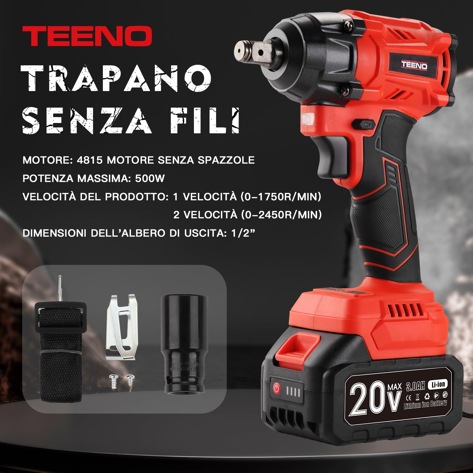 TEENO Kit di utensili 3 pezzi (smerigliatrice angolare senza spazzole + chiave inglese senza spazzole + trapano a percussione) Batteria da 20 Volt 3Ah*2, adatta per auto e casa