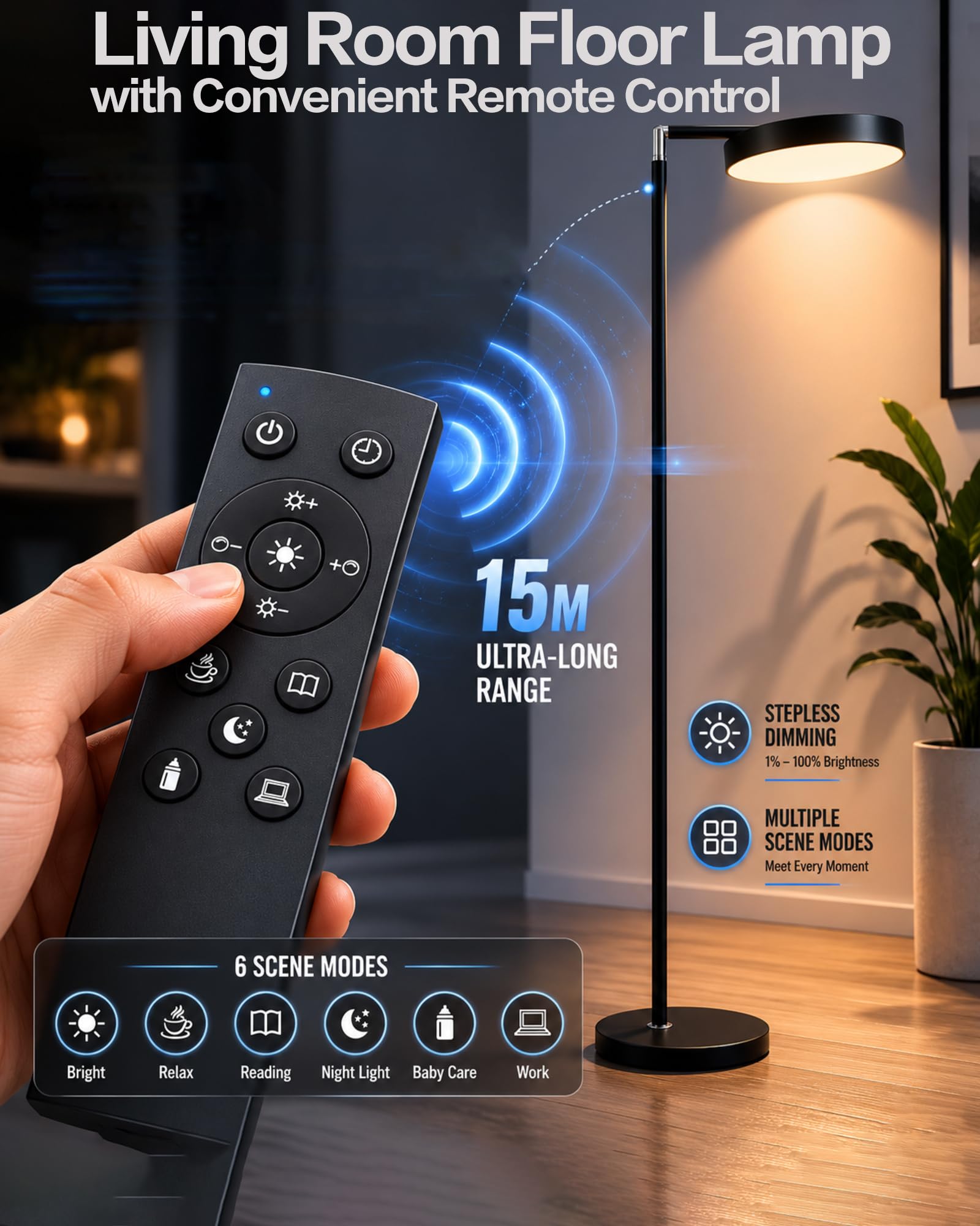 LED Stehlampe Wohnzimmer dimmbar mit Fernbedienung, Deckenfluter 163cm Höhe | 350° drehbarer Lampenkopf, Timer, Speicherfunktion, Kabel mit Fußschalter, schwarz, modern, für Wohnzimmer Schlafzimmer Büro