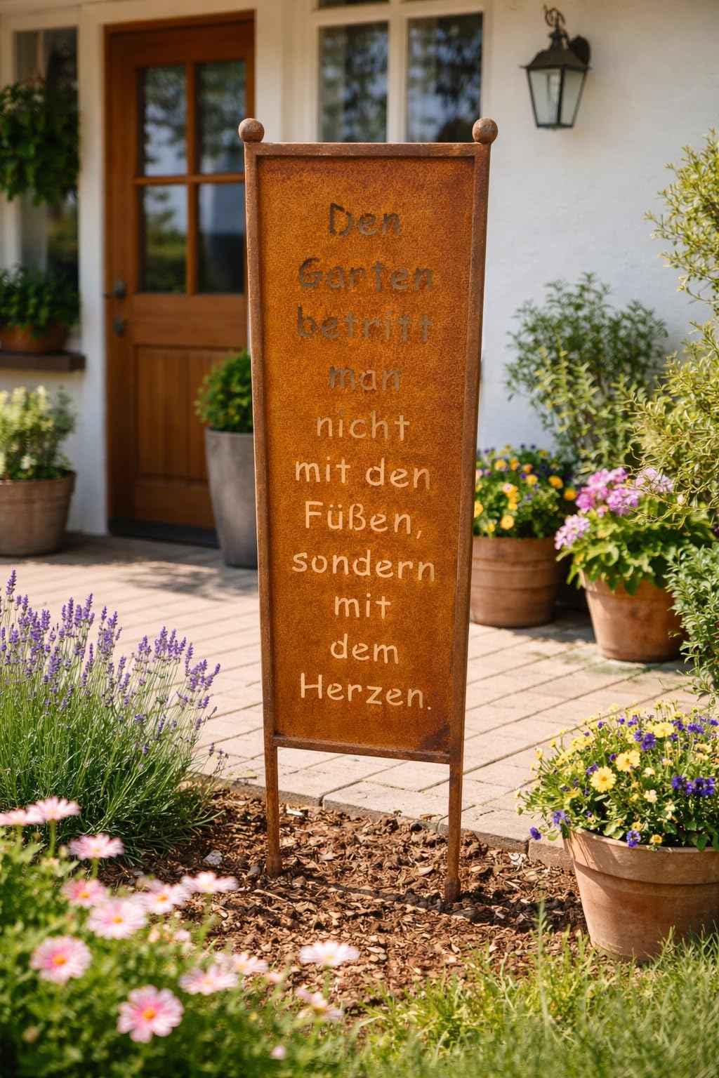 Cartel con texto en alemán "Den Garten betritt man nicht mit den Füßen, sondern mit dem Herz" zum Einstecken 115cm