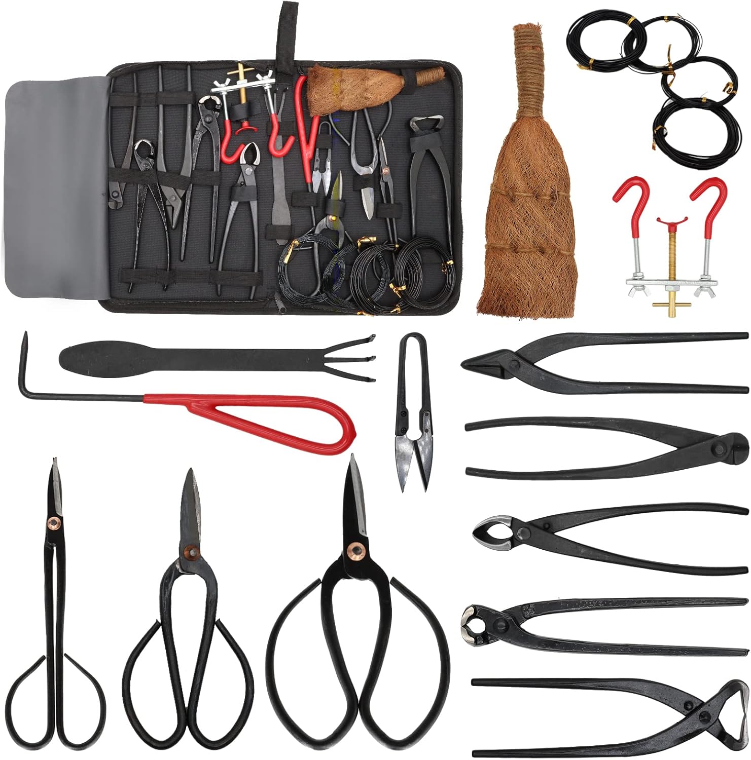 17pc Kit Black Case Bonsai Tools Kit - 17 Pcs Concave Cutter Trunk Branch Splitter Bonsai Scissors Pruning Scissors for Pruning Thicker Branches, Metal Scissors for Potted and Garden Plants