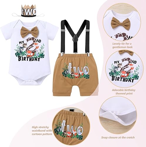 Miniatura 7 de IBTOM CASTLE Traje de 1er cumpleaños para bebé niño, mameluco de animales del bosque de la selva, bombachos y tirantes, 3 piezas, ropa para