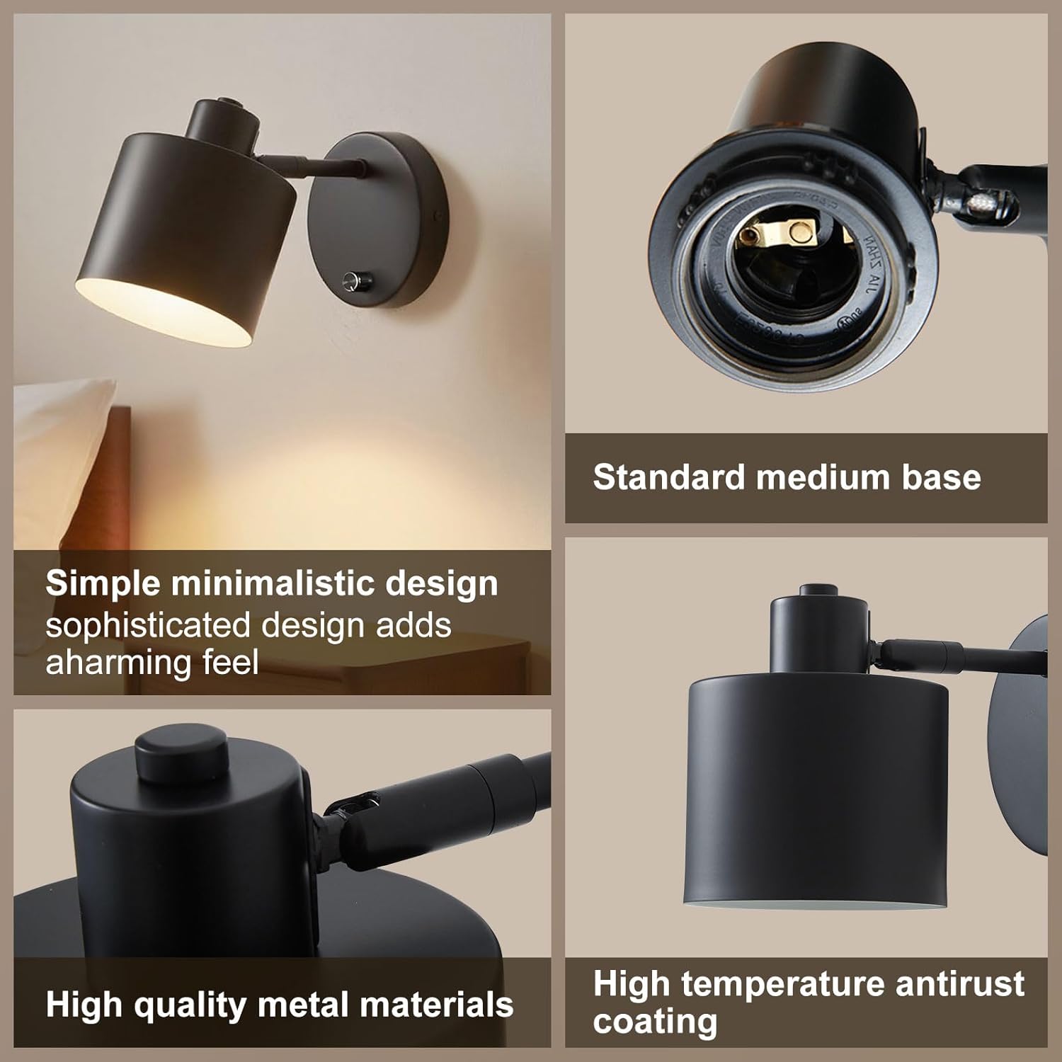 LIGHTESS Wall Sconce with Switch Farmhouse Wall Sconces with on Off Dimmer Black Industrial Hardwired Wall Lights Rustic Dimmable Wall Lamp for Bedroom Living Room Hallway,Set of Two