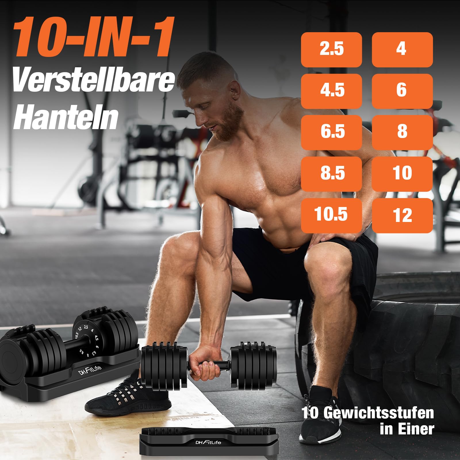 DH FitLife 12kg/25kg verstellbare Hanteln 2,5-12kg /4-25kg mit 10 Gewichtsstufen, Kurzhanteln Hanteln Set mit Hantelscheiben, Variable Gewichte 10 in 1