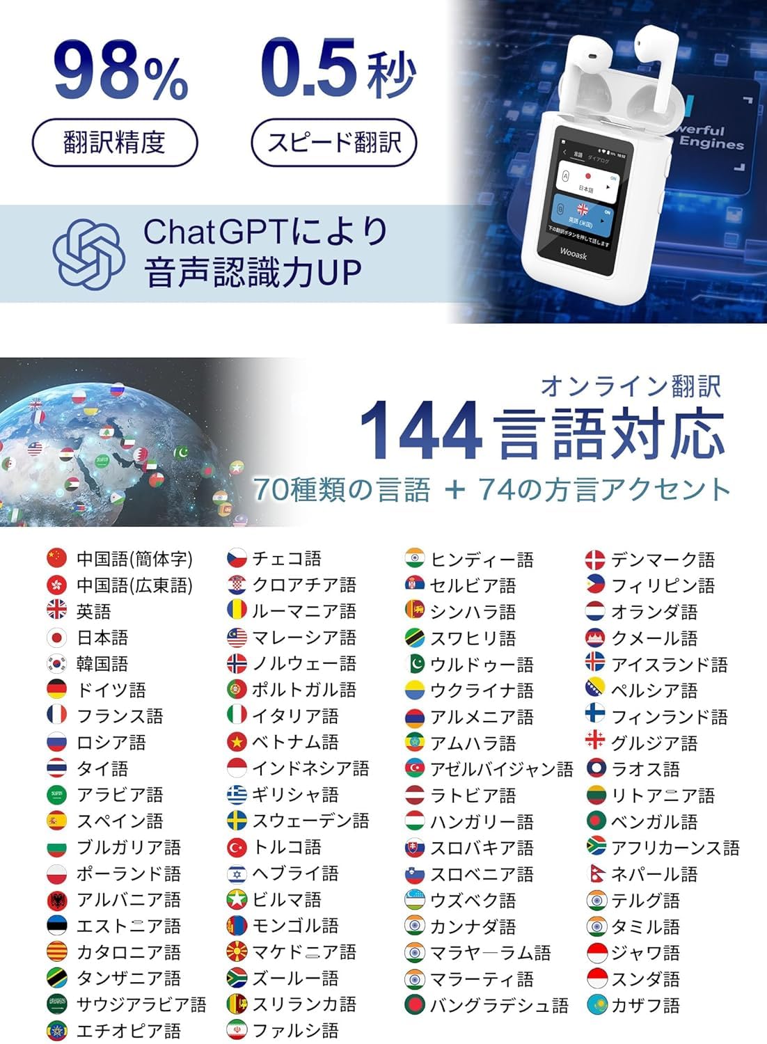 Amazon.co.jp: Wooask A8 翻訳機 通訳機 翻訳イヤホン ChatGPT 搭載