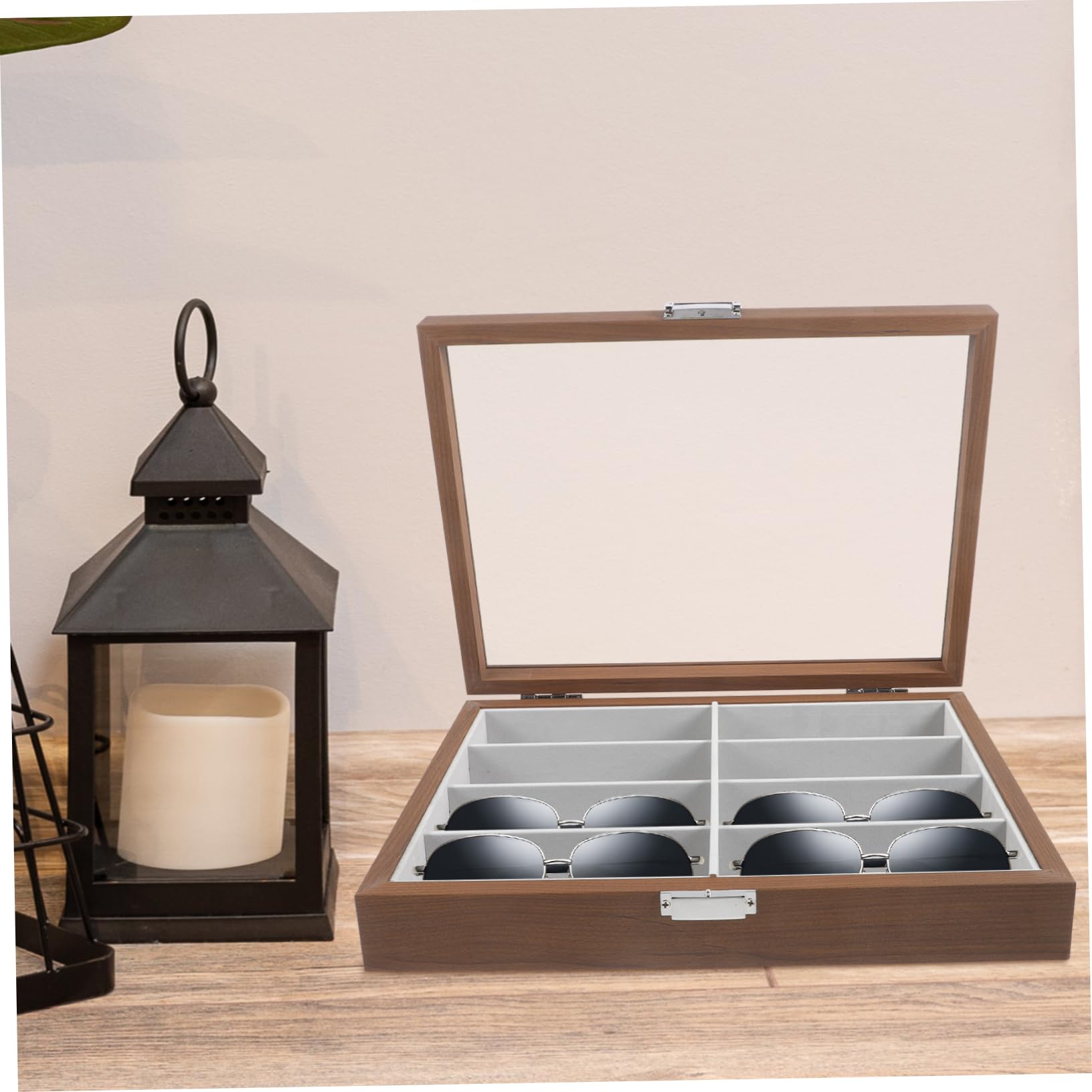 Boîte de Rangement pour Lunettes Coffret Bois avec Coussin Intérieur Vitrine Transparente pour Soleil
