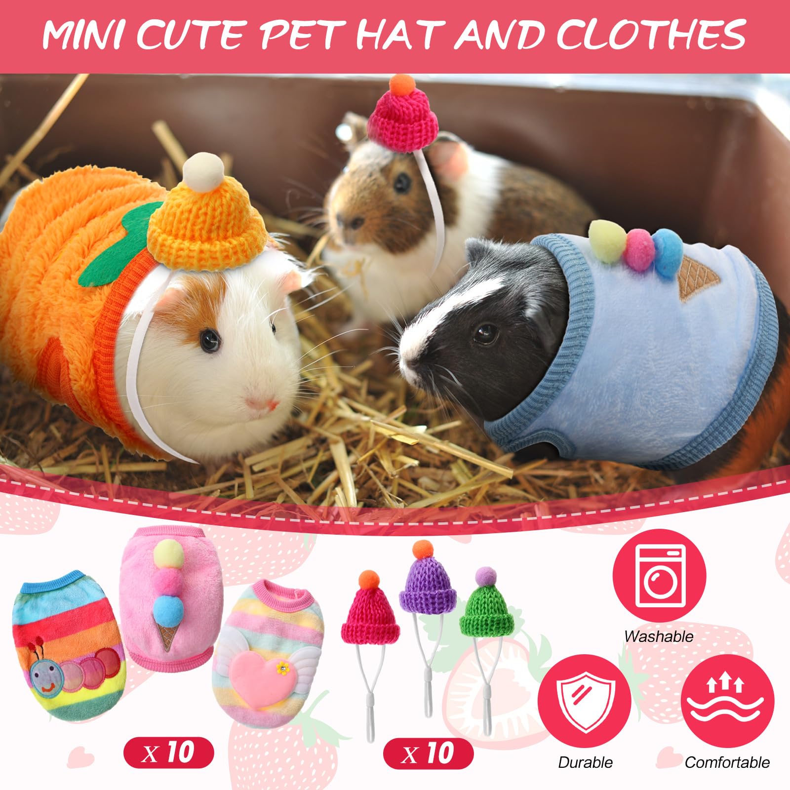 10 piezas de ropa de conejillo de indias y 10 mini sombreros con correa ajustable, ropa de conejo, chaleco cálido de animales pequeños, ropa de disfraz para mascotas, sombrero de punto con