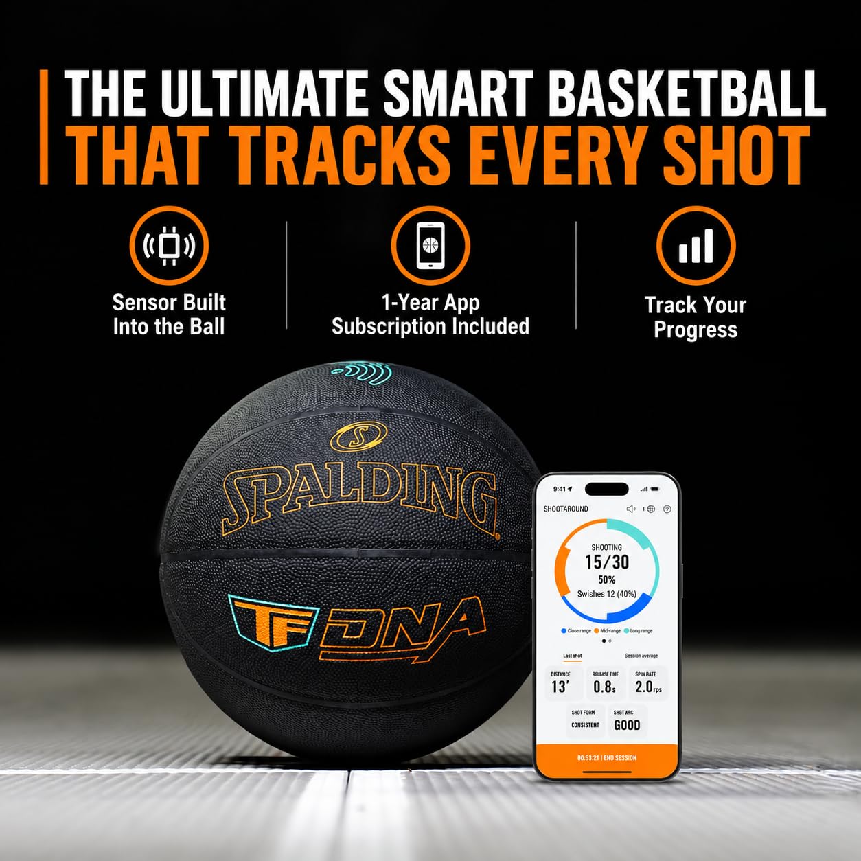 Spalding TF DNA Smart Basketball + App | Kids to Pro | Shoot Track Improve - ‎Taglia 6 + 12M Abbonamento